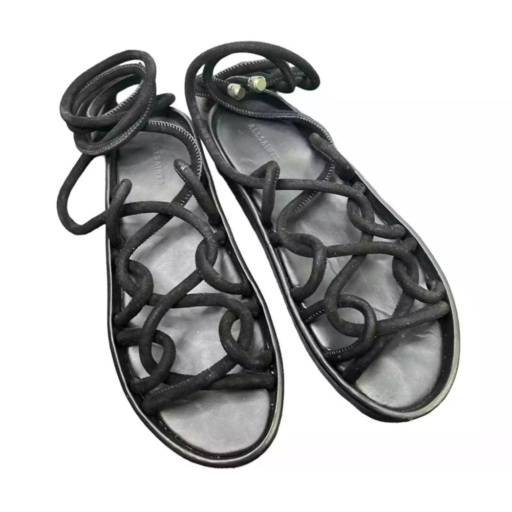 AllSaints Black Kofu Rope Lace-Up Flat Sandals Japanese Style Shibari - Picture 2 of 6